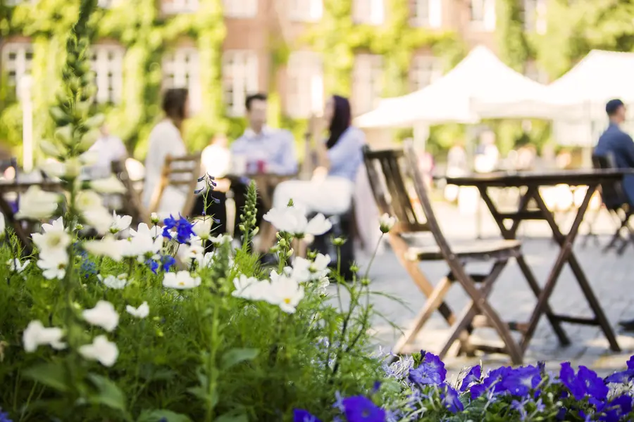 Fresh flowers and plants at an outdoor cafe terrace